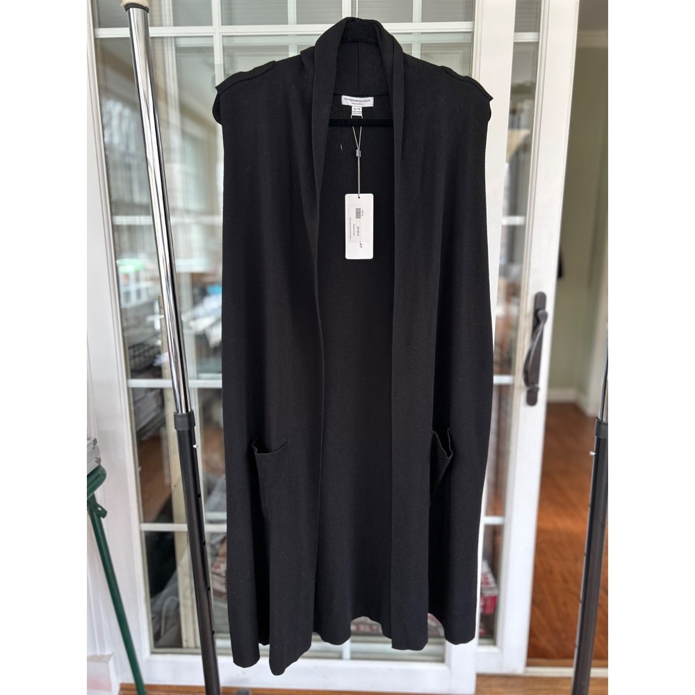 Katherine Barclay Montreal Sz XL Black Sleeveless Vest Duster Pockets NWT
